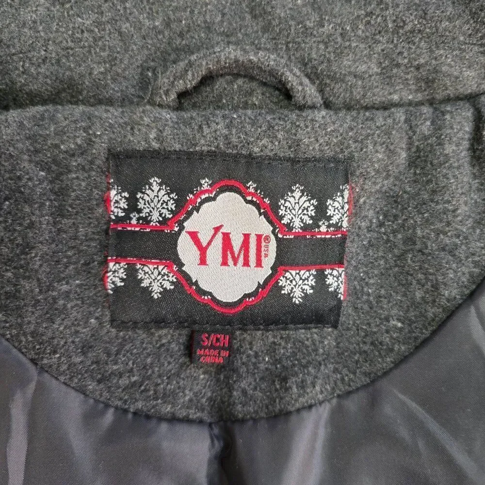 YMI Pea Coat Juniors Sz S Double Breasted w Back Tab Charcoal Gray Wool Blend